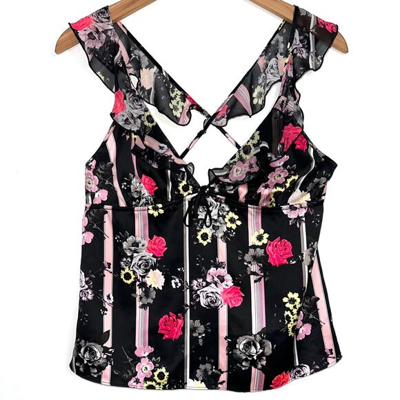 Victorias Secret Satin Black Rose Ruffle Strap Sleep Cami Tank Top Size Medium - Picture 1 of 12